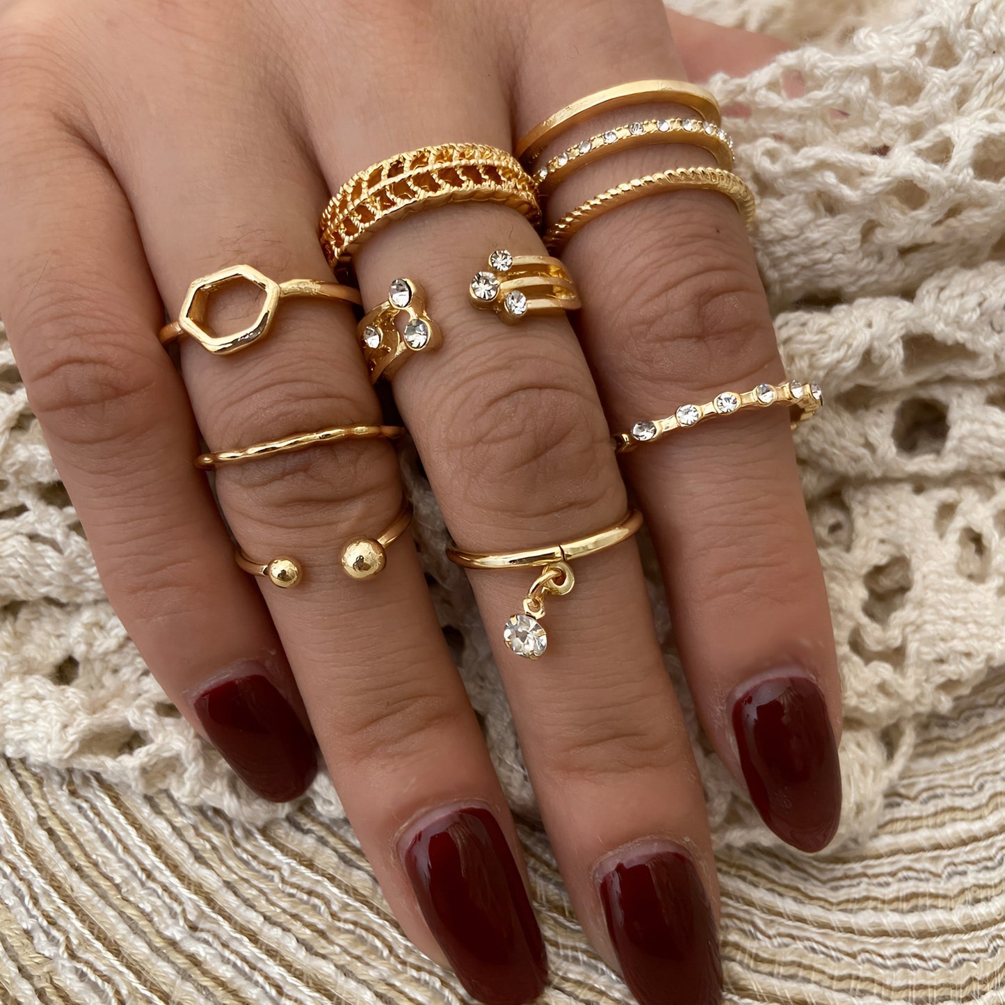 8-Piece Diamond Geometric Ring Set – Elegant Open Design Fashion Jewelry for Women