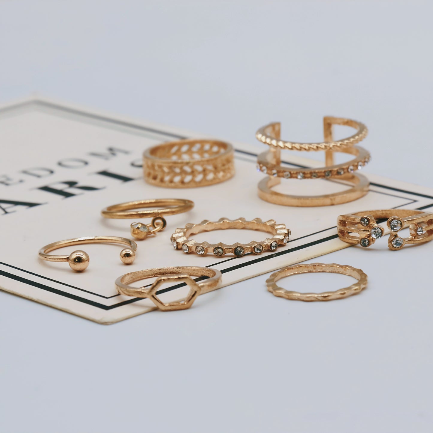 8-Piece Diamond Geometric Ring Set – Elegant Open Design Fashion Jewelry for Women